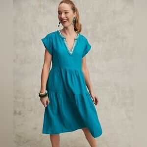 Chico's Women's Ecru 100%  Linen Embellished Cap Sleeve Dress Sz 10‎